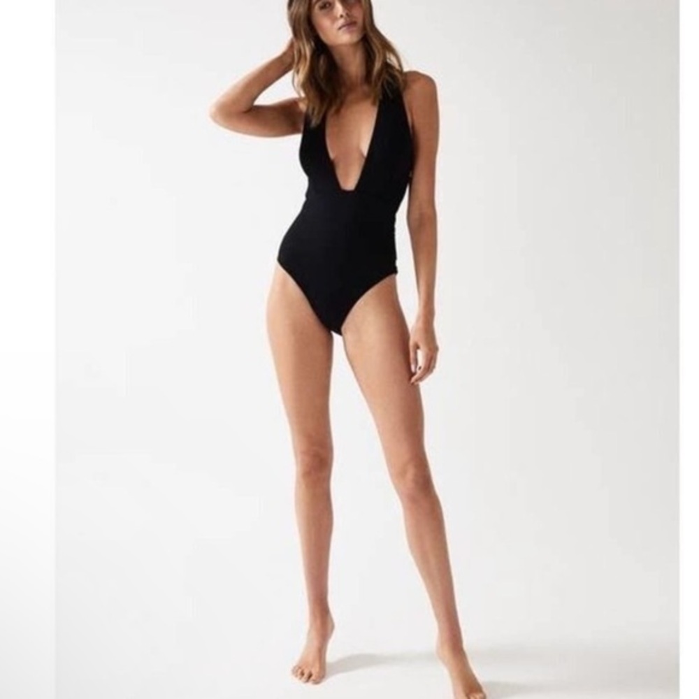 Reiss Black Deep V One-Piece Swimsuit